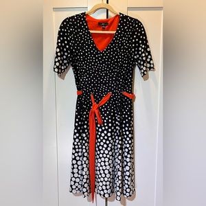 🐣EUC Size4 R&K Navy blue white dots Orange waist Belt Knee Length Vintage…
